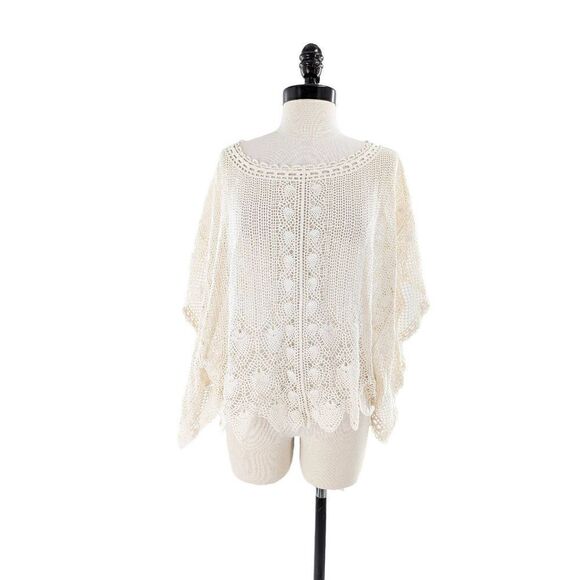 Sparrow Women Cream Batwing Sleeve Crochet Lace Cotton Poncho Size Medium - Picture 2 of 15